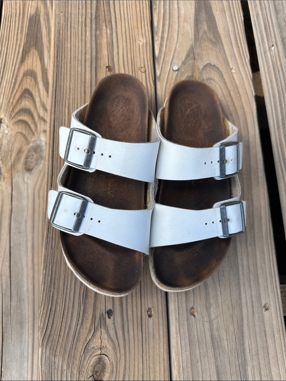 Birkenstock White Arizona Sandals with Silver Buckles Size 37